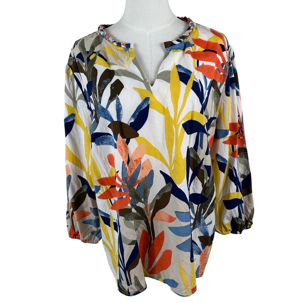 Chico's Blouse 3 US XL Multicolor Tropical Floral Braided Neck Coastal Top Boho